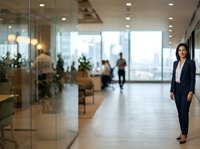 Woman in business attire standing in modern office corridor with glass partitions, potted plants, and colleagues in background. Corporate workplace environment suitable for business, professional services, and corporate communications.