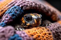 Vintage mechanical watch nestled in colorful knitted wool texture, showing intricate details and gears against warm orange and purple fabric background.