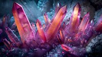 Glowing pink and purple crystal formations emerge from dark surface, illuminated with mystical light against smoky background, creating magical mineral structure.