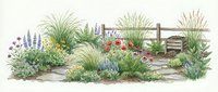 Watercolor garden landscape with ornamental grasses, wildflowers and wooden fence on white background. Botanical illustration for landscaping design projects.