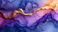 Luxurious purple and gold abstract fluid art with flowing waves and glitter accents creates elegant marble effect background for luxury design projects.