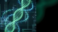 Glowing green DNA double helix structure with digital particles and light effects on dark background for biotechnology and genetic research concepts.
