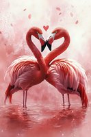 Two pink flamingos forming heart shape with necks touching beaks in romantic pose on soft pink watercolor background with floating petals and sparkles.