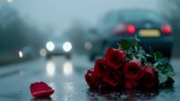 Red roses lying on wet surface during rainy evening with car headlights and bokeh in background creating romantic melancholic atmosphere.