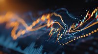 Financial data visualization with glowing charts and graphs showing market trends, trading analytics and economic growth patterns on dark background.