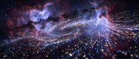Cosmic digital particle wave flowing through space with nebula clouds and starfield background for technology and science concepts.