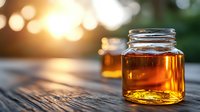 Glass jar filled with golden honey or maple syrup on rustic wooden surface against blurred bokeh sunset background, natural food photography.
