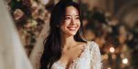 Young Asian bride in elegant white lace wedding dress smiling joyfully during ceremony preparation with floral decorations and warm lighting in background.