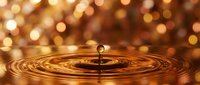Close-up of a water droplet creating concentric ripples in golden liquid with warm bokeh background, suitable for wellness, spa, and abstract design projects.