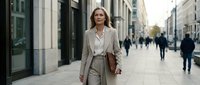 Confident mature businesswoman in beige suit walking on urban street with modern architecture and pedestrians in background for corporate lifestyle content.