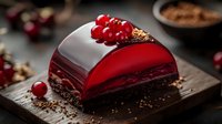 Mirror glaze red velvet cake decorated with fresh red currants and chocolate crumbs on dark wooden board, close up view of modern mousse dessert.