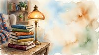 Stacked colorful books with brass reading lamp on wooden table in cozy interior setting with bookshelf and plants, watercolor style illustration for home decor and educational content.