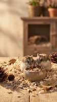 Two dwarf hamsters eating seeds from a ceramic bowl surrounded by wood shavings and pine cones in a cozy indoor habitat setup.
