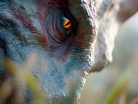 Extreme close-up of dinosaur eye with orange iris and detailed scaly blue skin texture showing realistic prehistoric creature features for entertainment and design projects.