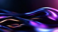 Abstract flowing waves in dark blue and purple neon colors with glowing golden highlights create dynamic motion effect against black background, suitable for modern design projects.