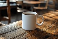 White ceramic coffee mug filled with hot beverage on rustic wooden table surface with natural sunlight casting shadows, creating cozy morning atmosphere.