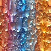 Colorful water drops on glass surface creating abstract pattern with pink, blue and golden gradient colors. Macro photography of condensation with light effects.