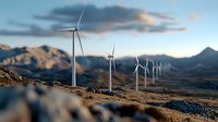 Wind turbines on mountain ridge against dramatic sky at sunset, renewable energy generation in rugged terrain, sustainable power technology landscape.