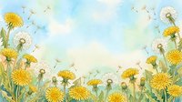 Watercolor dandelion field with yellow blooms and fluffy seed heads against a soft blue sky, seeds floating in the breeze. Spring nature art.