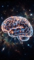 Glowing human brain with neural networks floating in cosmic space with stars and nebula for neuroscience and artificial intelligence concepts.