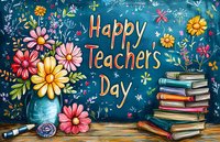 Festive Teachers Day greeting card design with colorful daisies in blue vase, stack of books and floral decorative elements on teal chalkboard background.