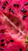 Fresh watermelon slice macro photography showing juicy pink flesh, black seeds, and natural texture detail. Vibrant summer fruit close-up with water droplets.