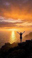 Woman silhouette with raised arms celebrating freedom on cliff overlooking ocean at golden sunset. Inspirational moment of triumph and achievement.
