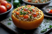 Fresh rice salad served in carved orange bowl with cherry tomatoes, herbs and vegetables on rustic wooden board. Creative healthy meal presentation.