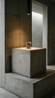 Modern minimalist concrete interior with geometric block furniture and pendant lighting creating dramatic shadows in contemporary architectural space.