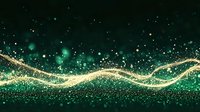 Abstract emerald green and gold particle wave flowing across dark background with sparkling bokeh lights and glowing effects for luxury designs.