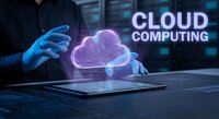 Professional in suit touching holographic cloud computing interface on tablet in modern data center environment for business technology solutions.