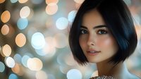 Young Asian woman with short black bob hairstyle smiling against blurred bokeh lights background, soft natural makeup and glowing skin. Fashion portrait.