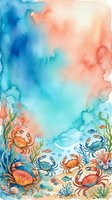 Watercolor underwater ocean scene with colorful crabs, fish, seaweed and coral reef marine life on textured paper background for coastal decor.