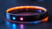 Futuristic glowing ring with blue and pink LED lights on dark metallic surface creates dramatic sci-fi atmosphere with neon orange reflection.