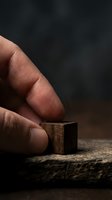 Close-up of fingers holding small wooden cube on rustic surface showcasing craftsmanship and attention to detail in woodworking projects.
