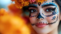 Young woman with traditional sugar skull face paint makeup and orange marigold flowers against blurred warm background celebrating Day of the Dead festival.