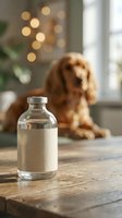 Glass bottle with blank label on wooden table with blurred golden retriever dog in cozy home interior background for pet care product mockup design.