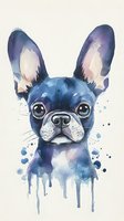 French bulldog portrait in blue watercolor style with dripping paint effect and expressive eyes on light background, suitable for wall art and prints.