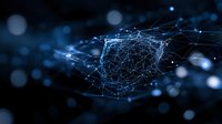 Glowing digital network sphere with connected dots and lines floating in dark space with bokeh effect, representing global connectivity and technology.