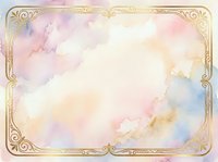Soft watercolor wash with pastel pink, purple, and gold tones contained within an ornate golden decorative frame border, isolated on white background for design projects.