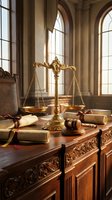 Golden scales of justice with gavel and legal documents on ornate wooden desk in classical courthouse interior with arched windows and warm sunlight.
