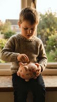 Young Caucasian boy in beige sweater sitting by window, inserting coin into decorative piggy bank. Financial education and savings concept.