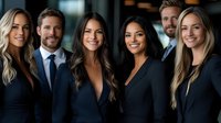 Diverse business team of young professionals in formal attire smiling at camera. Group portrait showing corporate culture and workplace diversity in modern office setting.