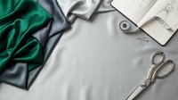 Fashion designer workspace with emerald green fabric, sketches, scissors, and sewing supplies arranged on white surface for tailoring, garment creation, and design projects.