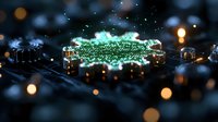 Glowing green circuit board with bokeh light effects in dark background creates futuristic technology mood for business and innovation concepts.