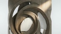 Modern abstract sculpture with curved concrete forms creating dynamic spiral composition in contemporary architectural space.