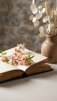 Open vintage book with delicate pink cherry blossoms and dried flowers in rustic ceramic vase creating warm spring reading atmosphere for literary content.