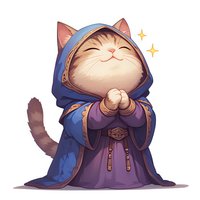 Smiling cat character in blue wizard robe and hood, paws clasped in prayer position, with sparkles and striped tail, illustrated in cute anime style on white background.