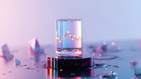 Glowing neon graph chart in glass cylinder on futuristic platform with scattered geometric shapes, pink and blue gradient lighting creates modern tech atmosphere.