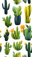 Colorful desert cacti with yellow flowers on white background, seamless pattern. Botanical succulent plants arrangement for fabric, wallpaper and wrapping paper design.